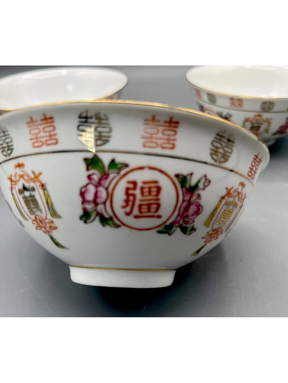 3 Vintage Chinese Porcelain Rice Bowls Double Happiness Longevity Gold Trim